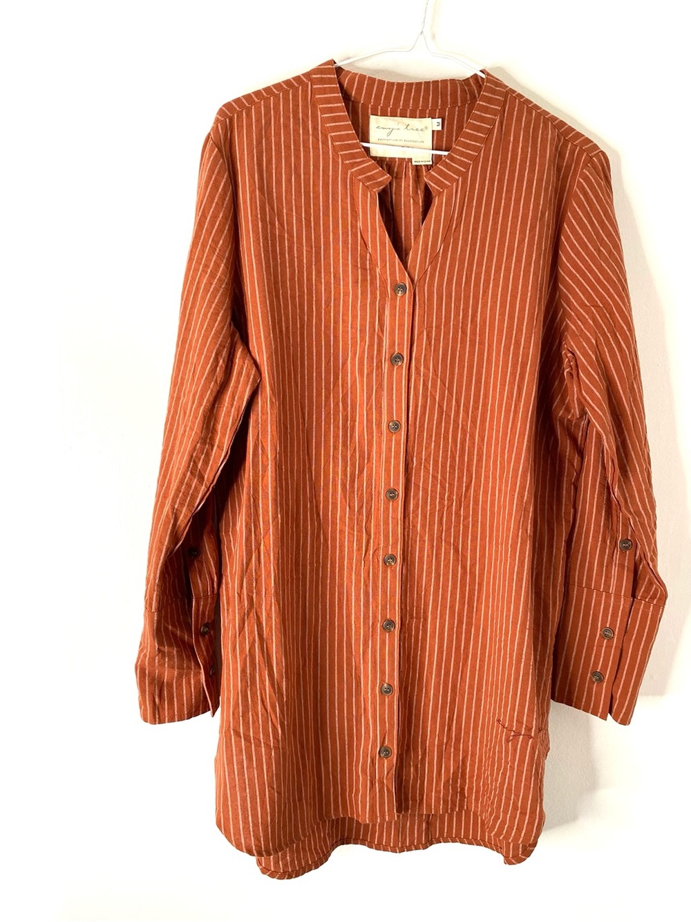 Evy's Tree The Ruby Rust Stripe Button Front Tunic Shirt Roll Tab Sleeve